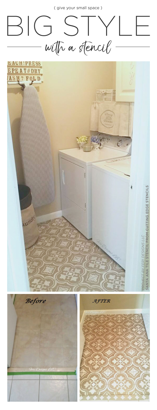 Cutting Edge Stencils shares a DIY laundry room floor makeover using the Santa Ana Tile pattern. http://www.cuttingedgestencils.com/santa-ana-tile-stencil-spanish-tiles-cement-tile-patterns.html