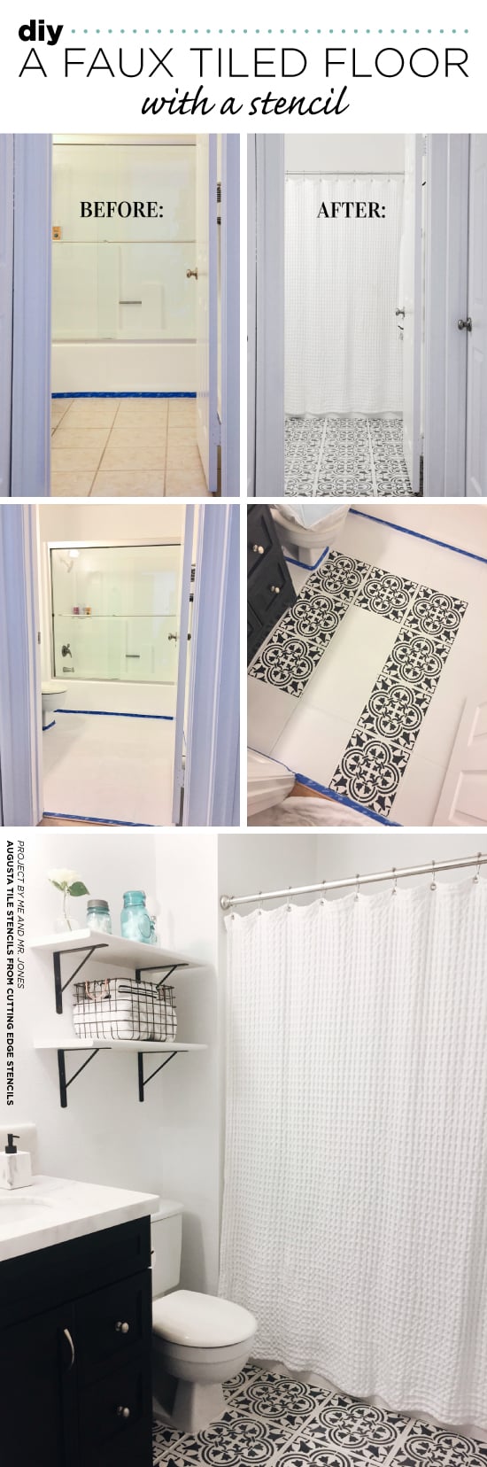Cutting Edge Stencils shares how to give a bathroom a faux tile floor using the Augusta Tile Stencil. http://www.cuttingedgestencils.com/augusta-tile-stencil-design-patchwork-tiles-stencils.html