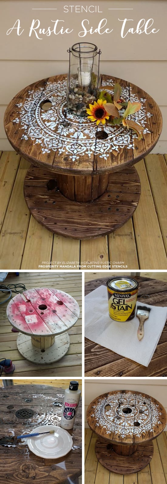 Cutting Edge Stencils shares how to upcycle a wooden spool into a table using the Prosperity Mandala pattern. http://www.cuttingedgestencils.com/prosperity-mandala-stencil-yoga-mandala-stencils-designs.html