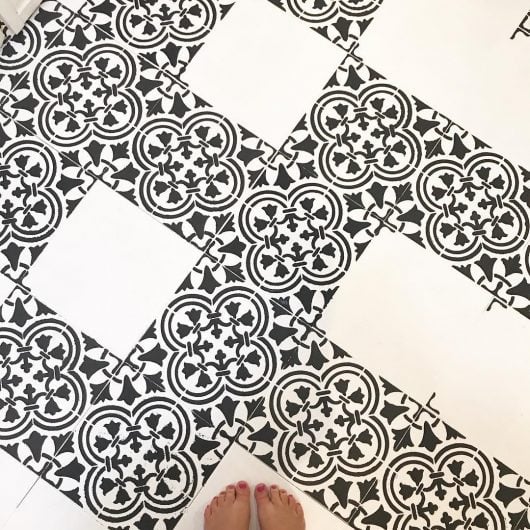 Learn how to stencil a bathroom tile floor using the Augusta Tile Stencil from Cutting Edge Stencils. http://www.cuttingedgestencils.com/augusta-tile-stencil-design-patchwork-tiles-stencils.html