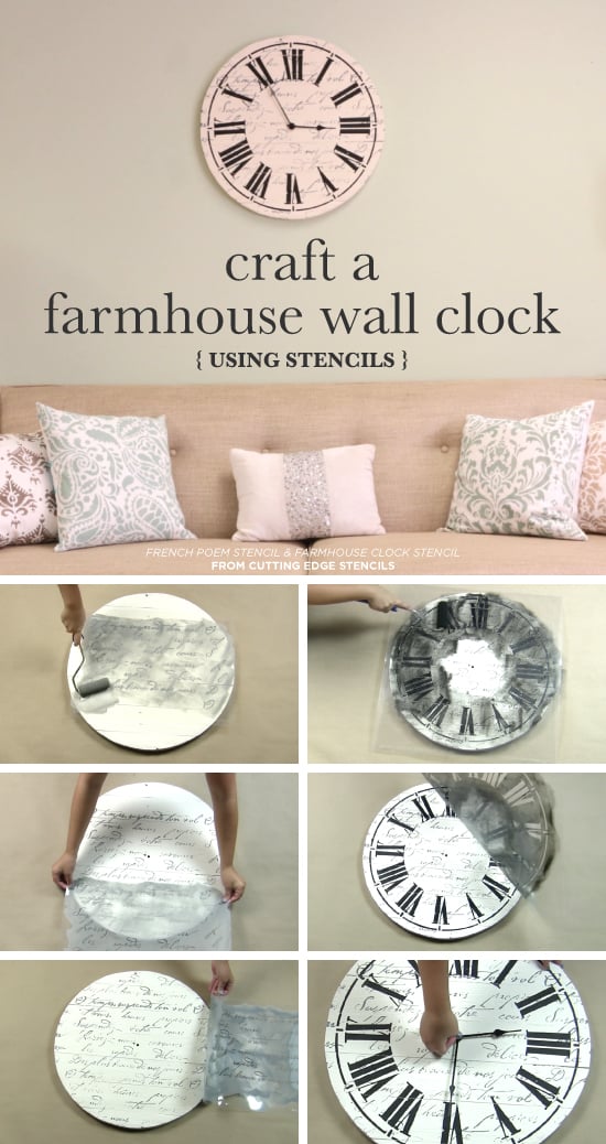 Cutting Edge Stencils shares how to make a DIY farmhouse wall clock using the Clock Stencil. http://www.cuttingedgestencils.com/farm-house-clock-stencil-wall-stencils-rustic-clock.html