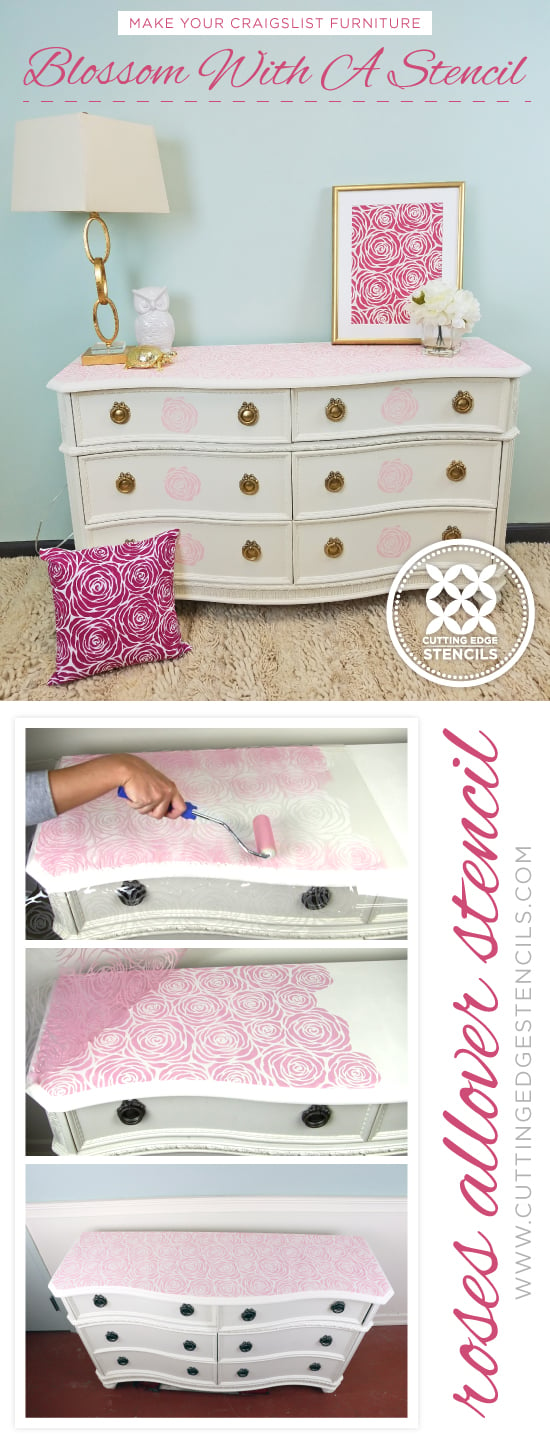 Cutting Edge Stencils shares how to makeover Craigslist furniture using paint and a stencil pattern, like the Roses Allover Stencil. http://www.cuttingedgestencils.com/roses-stencil-pattern-rose-design.html