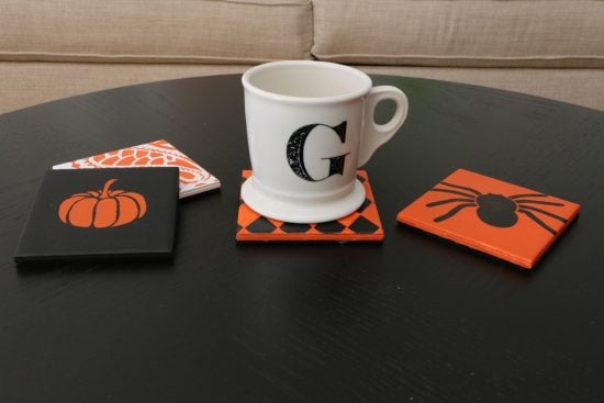 Learn how to stencil a set of DIY coasters using Halloween Stencils from Cutting Edge Stencils. http://www.cuttingedgestencils.com/halloween-stencils-pumpkin-stencil-stenciled-tote.html