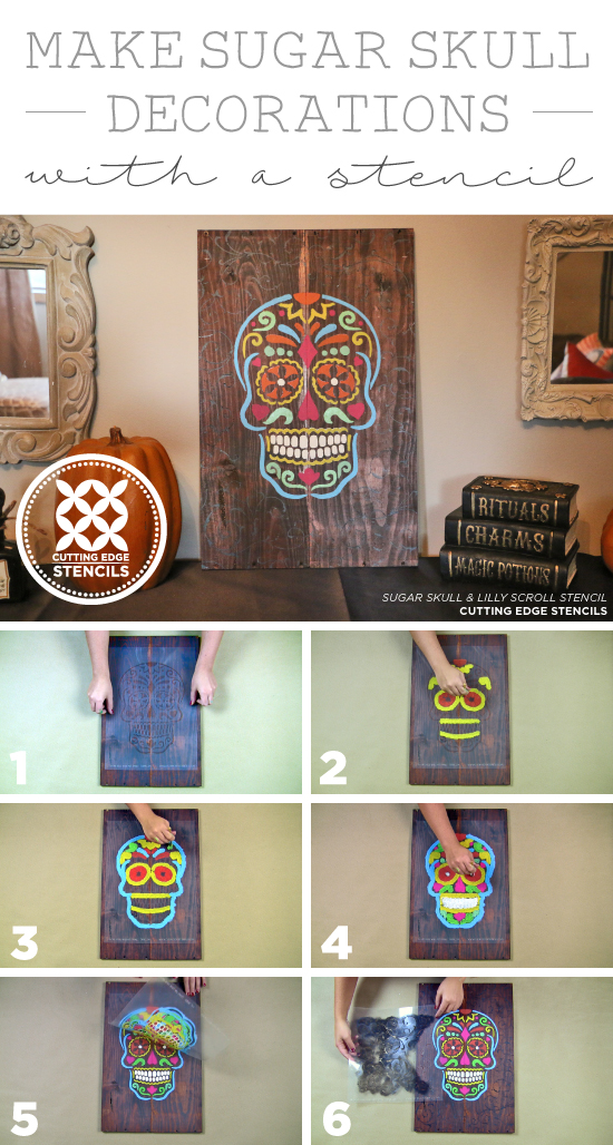 Cutting Edge Stencils shares how to stencil Day of the Dead (Dia De Los Muertos) wooden wall decor using the Sugar Skull Stencil. http://www.cuttingedgestencils.com/sugar-skull-stencil-diy-home-decor-project.html