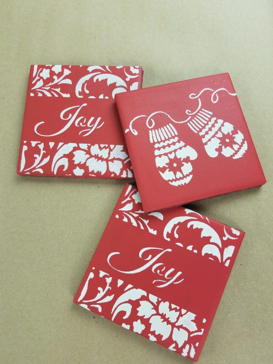 Learn how to craft a set of DIY stenciled coasters using Christmas Stencils from Cutting Edge Stencils. http://www.cuttingedgestencils.com/christmas-stencils-valentine-halloween.html