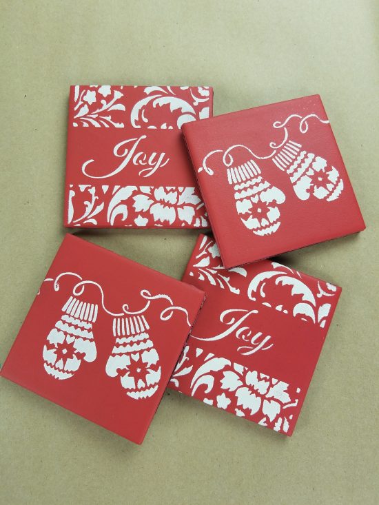 Learn how to craft a set of DIY stenciled coasters using Christmas Stencils from Cutting Edge Stencils. http://www.cuttingedgestencils.com/christmas-stencils-valentine-halloween.html