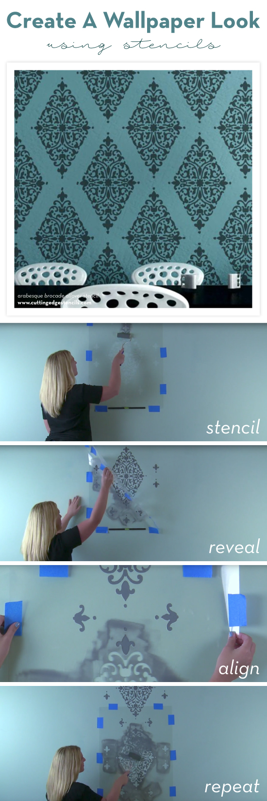 Cutting Edge Stencils shares how to stencil a wallpaper look on an accent wall using the Arabesque Brocade Damask Stencil. http://www.cuttingedgestencils.com/damask-stencil-arabesque-brocade-moroccan-stencils-for-walls.html