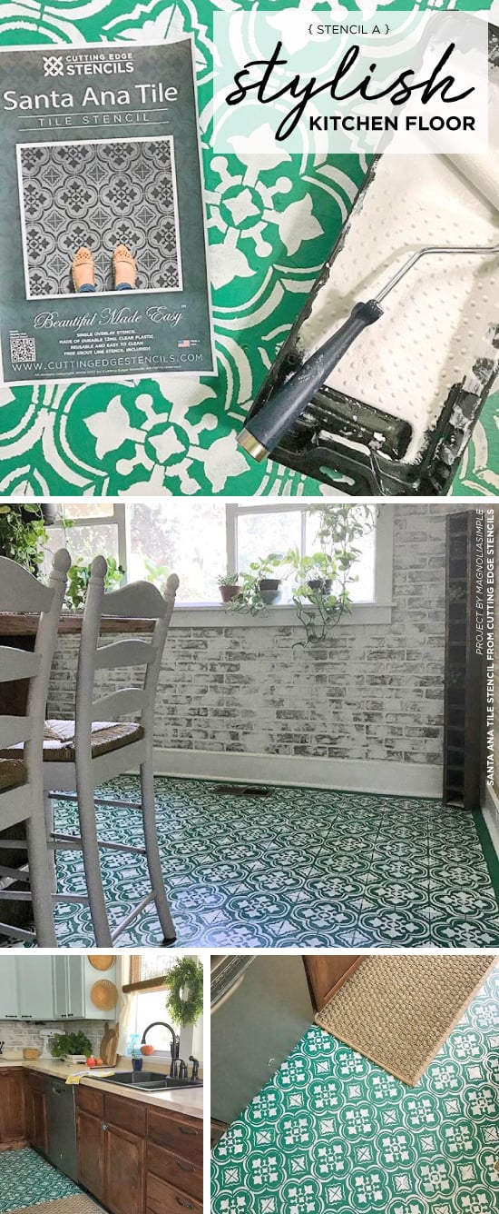 Cutting Edge Stencils shares how to add style to an old kitchen floor using the Santa Ana Tile Stencil. http://www.cuttingedgestencils.com/santa-ana-tile-stencil-spanish-tiles-cement-tile-patterns.html