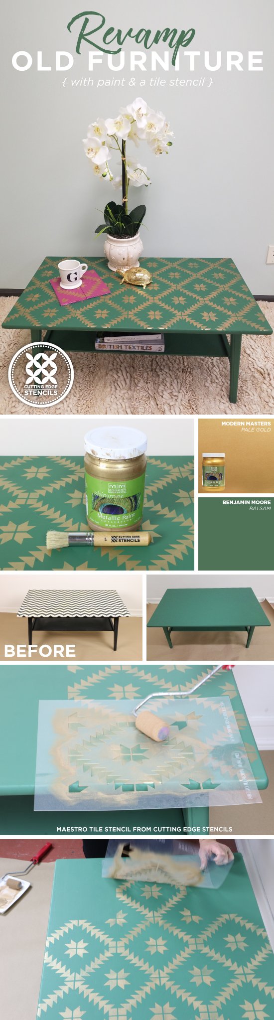 Cutting Edge Stencils shares how to makeover a coffee table using green and gold and paint along with the Maestro Tile Stencil from Cutting Edge Stencils. http://www.cuttingedgestencils.com/geometric-tile-stencil-painted-backsplash-stencils-cement-tile.html