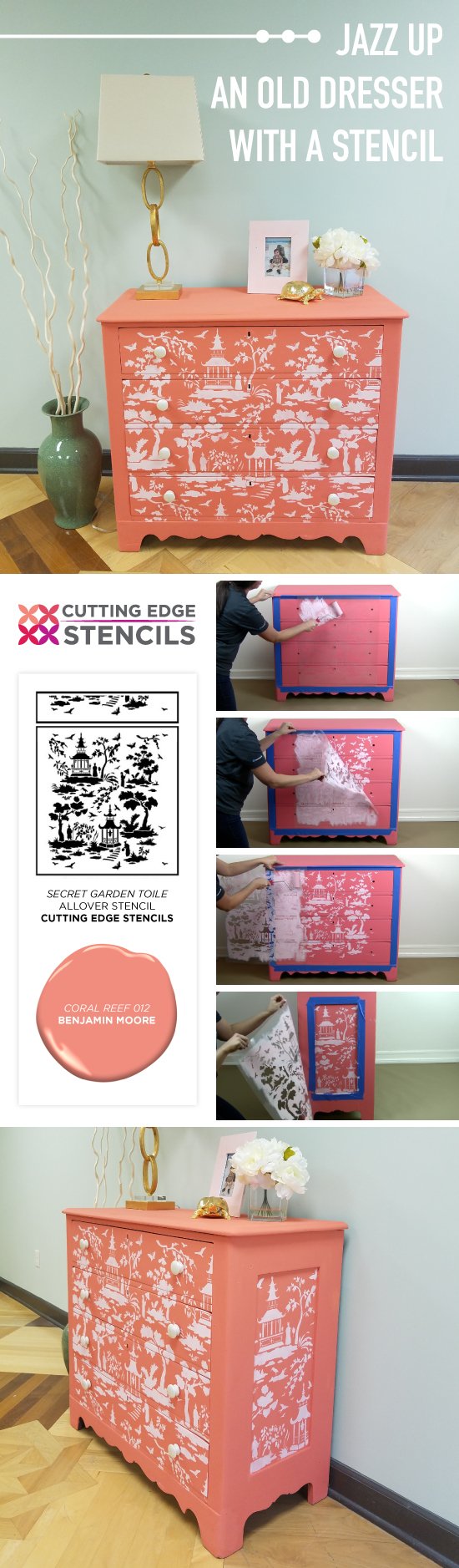 Cutting Edge Stencils shares how to paint and stencil an old dresser using the Secret Garden Toile Stencil. http://www.cuttingedgestencils.com/garden-toile-stencil-chinoiserie-wallpaper.html