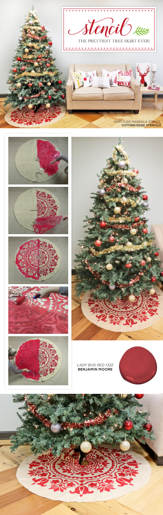 Cutting Edge Stencils shares how to stencil the prettiest DIY Christmas Tree Skirt using the Gratitude Mandala Stencil. http://www.cuttingedgestencils.com/prosperity-mandala-stencil-yoga-mandala-stencils-designs.html