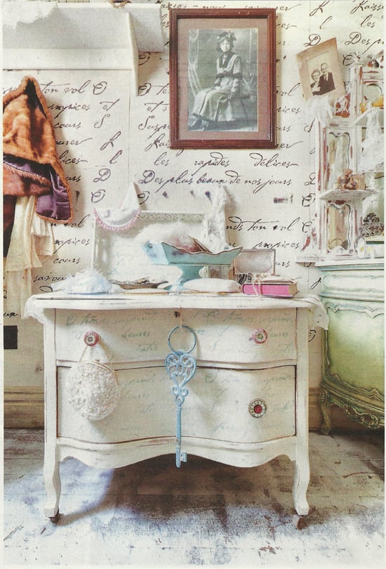 A bedroom accent wall in Flea Market Decor Magazine features the French Poem Allover Stencil from Cutting Edge Stencils. http://www.cuttingedgestencils.com/french-typography-letter-wall-stencil.html
