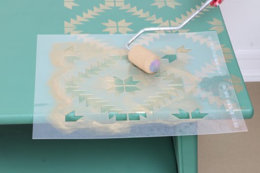 Learn how to makeover an old wooden coffee table using Benjamin Moore Paint, Modern Masters Paint, and the Maestro Tile Stencil from Cutting Edge Stencils. http://www.cuttingedgestencils.com/geometric-tile-stencil-painted-backsplash-stencils-cement-tile.html