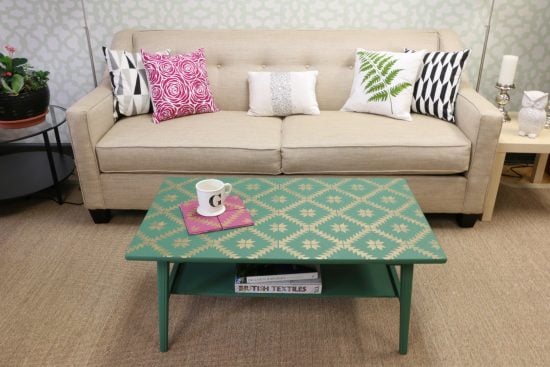 Learn how to makeover an old wooden coffee table using Benjamin Moore Paint, Modern Masters Paint, and the Maestro Tile Stencil from Cutting Edge Stencils. http://www.cuttingedgestencils.com/geometric-tile-stencil-painted-backsplash-stencils-cement-tile.html