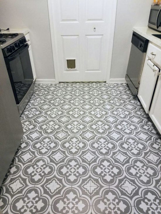 Learn how to stencil a linoleum kitchen floor using the Santa Ana Tile Stencil from Cutting Edge Stencils. http://www.cuttingedgestencils.com/santa-ana-tile-stencil-spanish-tiles-cement-tile-patterns.html