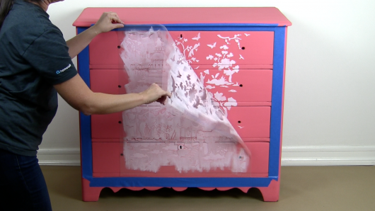 Learn how to paint and stencil an old dresser using the Secret Garden Toile pattern from Cutting Edge Stencils in Coral. http://www.cuttingedgestencils.com/garden-toile-stencil-chinoiserie-wallpaper.html