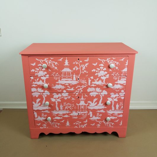Learn how to paint and stencil an old dresser using the Secret Garden Toile pattern from Cutting Edge Stencils in Coral. http://www.cuttingedgestencils.com/garden-toile-stencil-chinoiserie-wallpaper.html