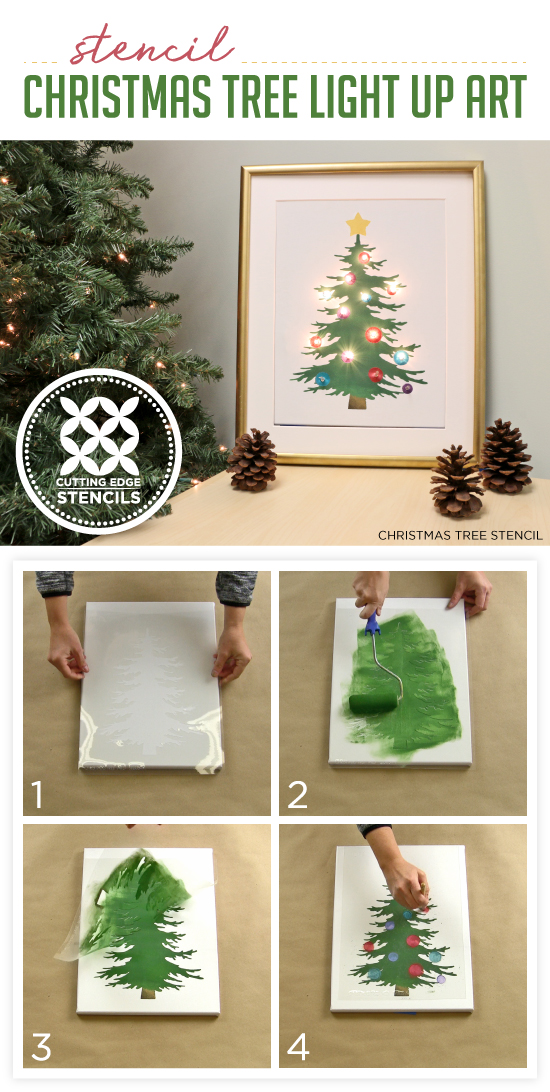 Cutting Edge Stencils shares how to make DIY light up Christmas Tree artwork using paint and stencils. http://www.cuttingedgestencils.com/christmas-tree-stencil.html