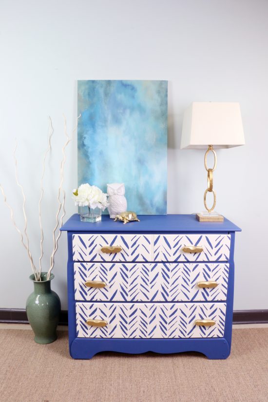 Cutting Edge Stencils shares a thrift store furniture makeover using the Brush Strokes Stencil in blue and white. http://www.cuttingedgestencils.com/brush-strokes-wall-pattern-stencil-modern-wall-stencils.html