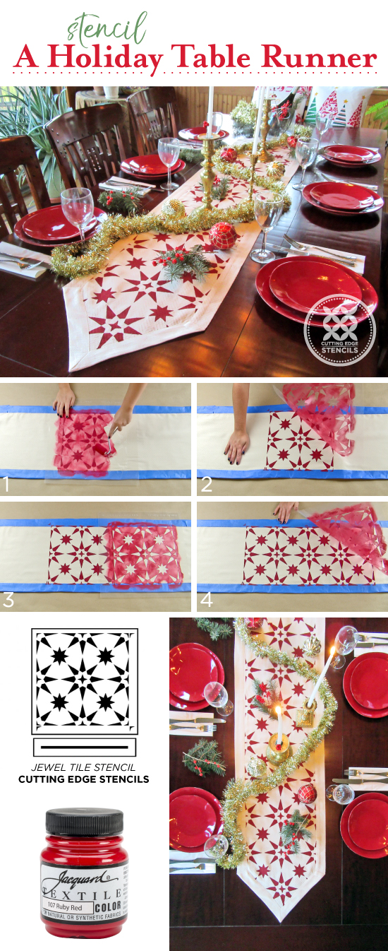 Cutting Edge stencils shares a stencil tutorial on how to paint a DIY table runner using the Jewel Tile Stencil and Jacquard Fabric Paint. http://www.cuttingedgestencils.com/jewel-tile-stencil-cement-tiles-stencils.html