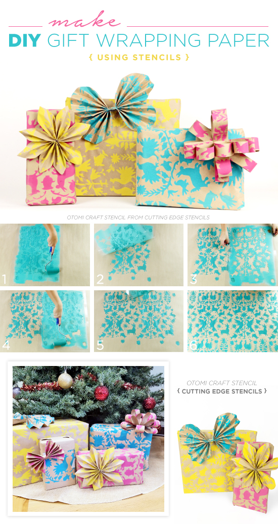 Cutting Edge Stencils shares how to make custom gift wrapping paper using the Otomi Craft Stencil and brown kraft paper. http://www.cuttingedgestencils.com/otomi-pattern-craft-stencil-DIY-home-decor-project.html