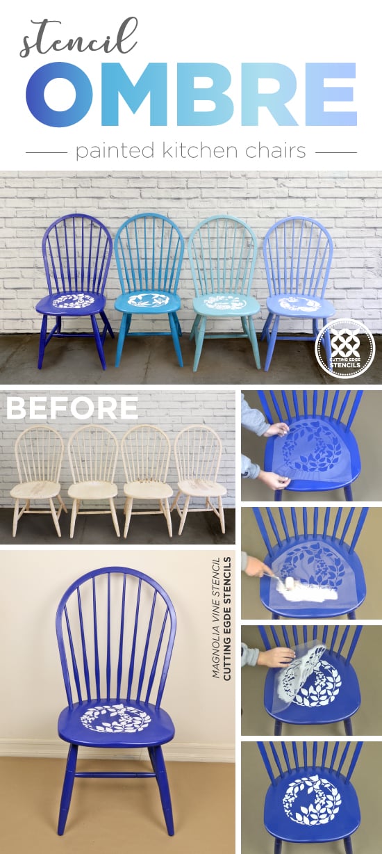 Cutting Edge Stencils shares how to makeover old kitchen chairs using ombre paint colors and flower stencil patterns. http://www.cuttingedgestencils.com/japanese-flower-stencil.html