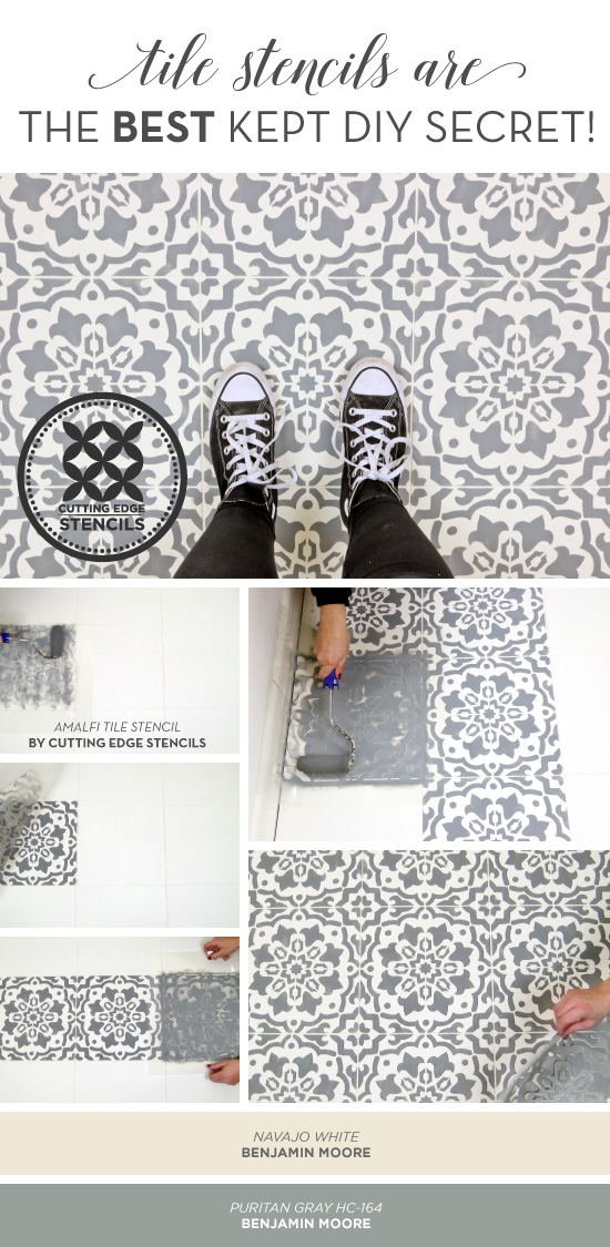 Cutting Edge Stencils shares how to makeover a ceramic tile floor using the Amalfi Tile Stencil in Benjamin Moore Puritan Gray. http://www.cuttingedgestencils.com/amalfi-tile-stencil-Cement-tiles-stenciled-floor-backsplash.html