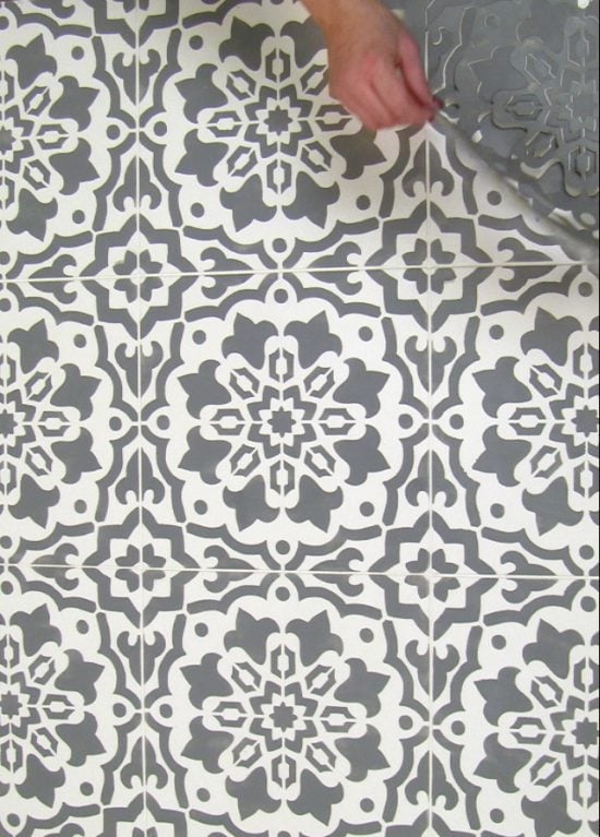 Learn how to stencil a faux tile floor using the Amalfi Tile Stencil from Cutting Edge Stencils. http://www.cuttingedgestencils.com/amalfi-tile-stencil-Cement-tiles-stenciled-floor-backsplash.html