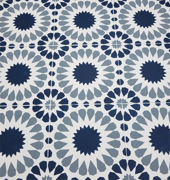 Cutting Edge Stencils shares how to stencil a tile floor using the Cordelia Tile Stencil in Benjamin Moore New York State of Mind Blue and Puritan Gray. http://www.cuttingedgestencils.com/cordelia-tile-stencil-moroccan-design-cement-tiles.html