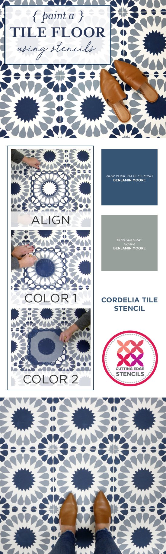 Cutting Edge Stencils shares how to stencil a tile floor using the Cordelia Tile Stencil in Benjamin Moore Blue and Gray. http://www.cuttingedgestencils.com/cordelia-tile-stencil-moroccan-design-cement-tiles.html
