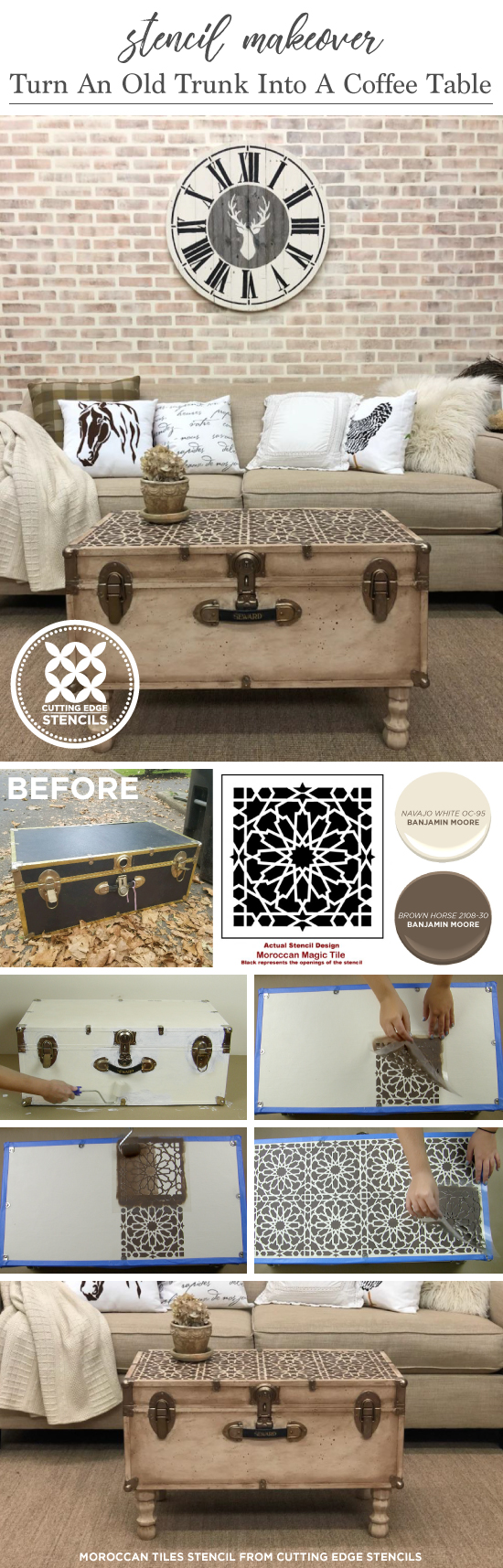 Cutting Edge Stencils shares how to makeover over a vintage trunk into a coffee table using the Moroccan Magic Tile Stencil. http://www.cuttingedgestencils.com/moroccan-tile-stencil-cement-tiles-floor-tile-designs.html