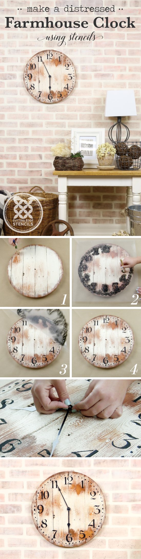 Cutting Edge Stencils shares a craft tutorial on how to make a distressed farmhouse clock using the Old Farm Clock Wall Stencil. http://www.cuttingedgestencils.com/old-farm-clock-stencil-farmhouse-clock-design.html