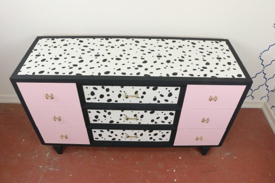 Cutting Edge Stencils shares how to makeover an old dresser using the Dalmatian Spot Allover Stencil. http://www.cuttingedgestencils.com/dalmatian-spots-stencil-dots-wallpaper-pattern.html