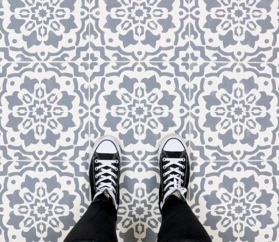Cutting Edge Stencils shares an easy and affordable floor makeover using the Amalfi Tile Stencil. http://www.cuttingedgestencils.com/amalfi-tile-stencil-Cement-tiles-stenciled-floor-backsplash.html