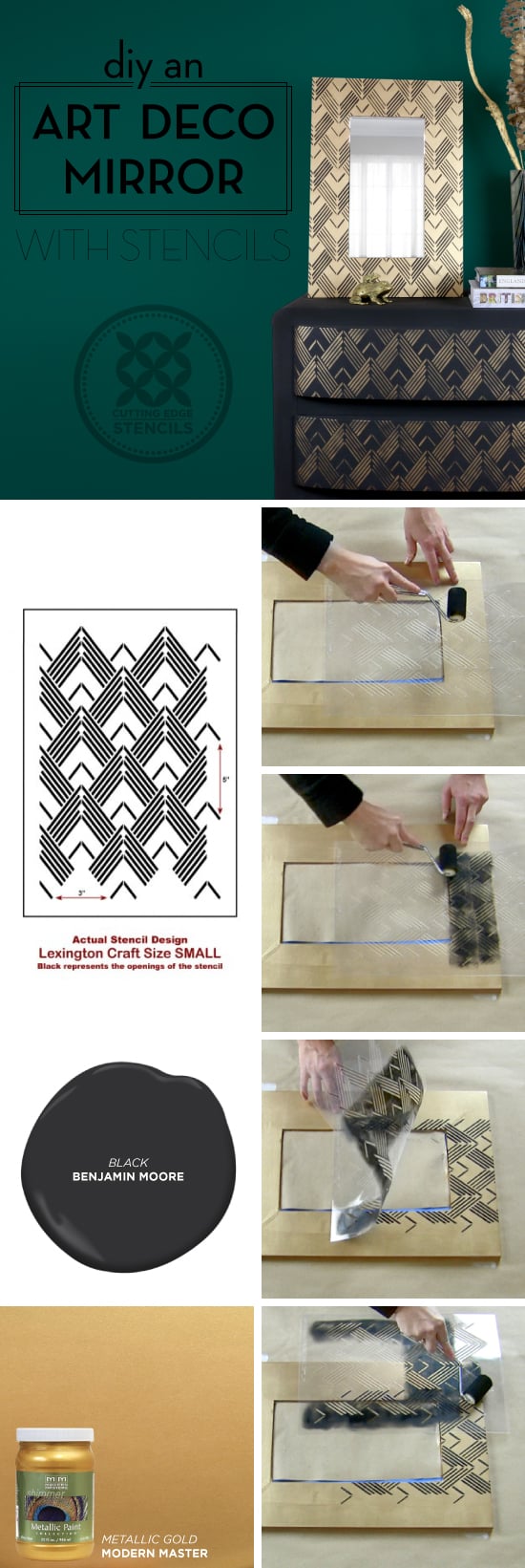 Cutting Edge Stencils shares how to put an Art Deco spin on an old mirror frame using the Lexington Craft Stencil. http://www.cuttingedgestencils.com/lexington-craft-stencil-furniture-stencils.html