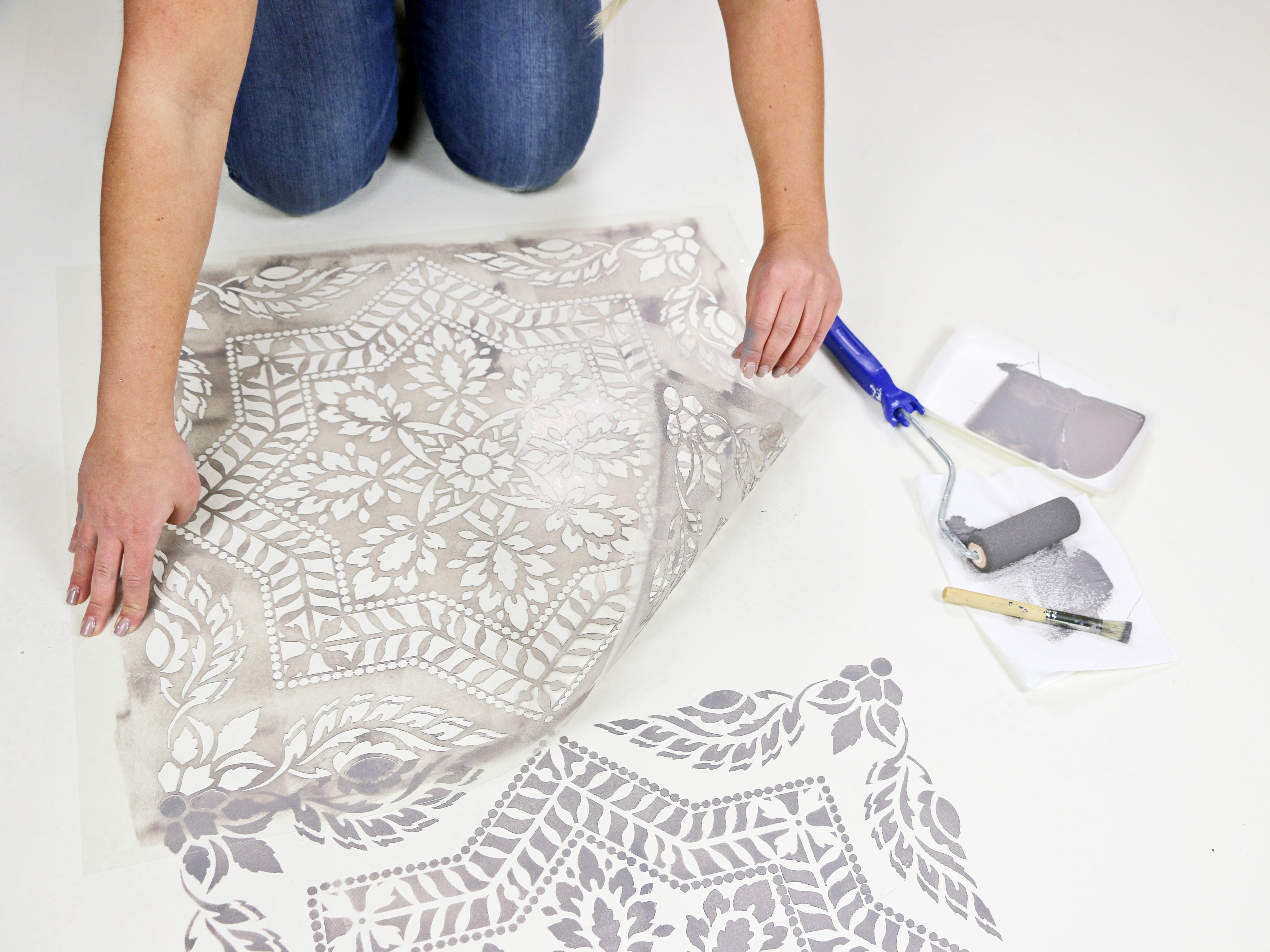 White and Gray Stenciled Floor