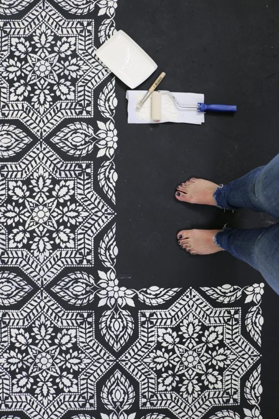 Learn how to paint and stencil a faux tile pattern on a cement floor using the Alhambra Tile Stencil. http://www.cuttingedgestencils.com/alhambra-tile-stencil-asulejos-spanish-tile-wallpaper.html