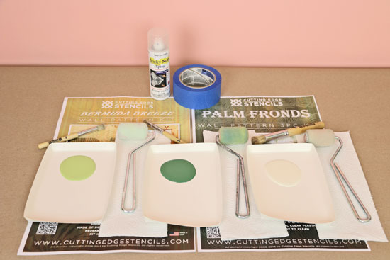 Paint and stencil supplies to stencil tropical wall