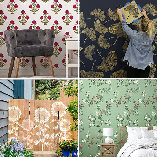 Collage of the Most popular stencil designs. Images include: Turkish Poppy, Chinese Ginkgo, Giant Sunflowers, and Avian Chinoiserie