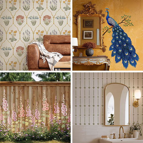 collage of new stencil patterns. featured images include: spring ephemerals allover wall pattern, royal peacock overlay stencil kit, hollyhocks floral stencil, and windsor garden stripe stencil