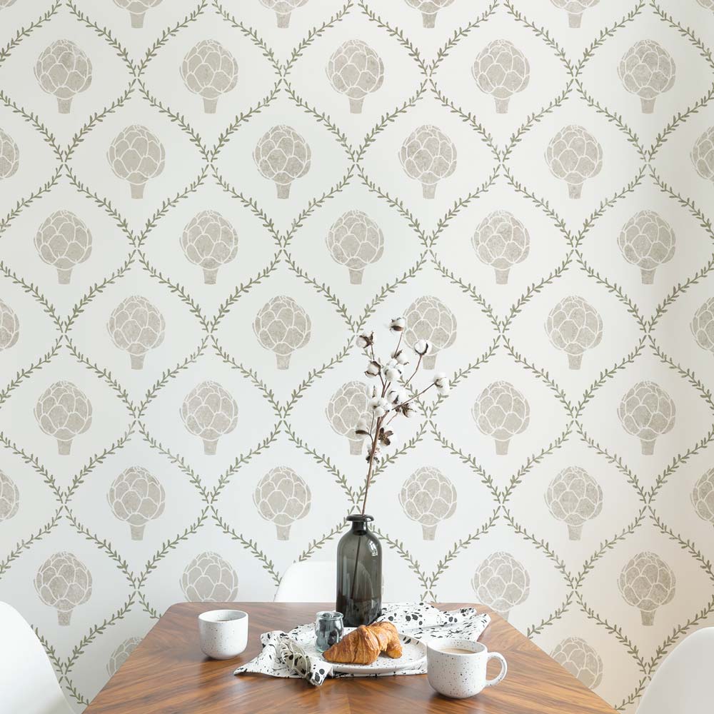 artichoke stencil with geometric rosemary pattern in a room with a wooden table and decorative items.