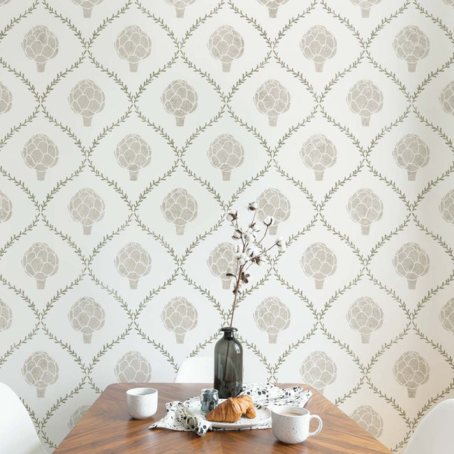 artichoke stencil with geometric rosemary pattern in a room with a wooden table and decorative items.