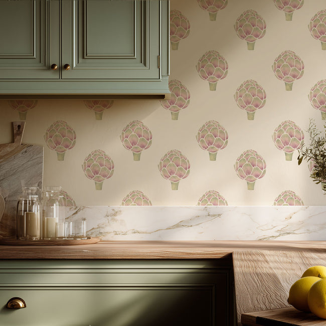 beige and sage kitchen with colorful artichoke and butcher block countertops