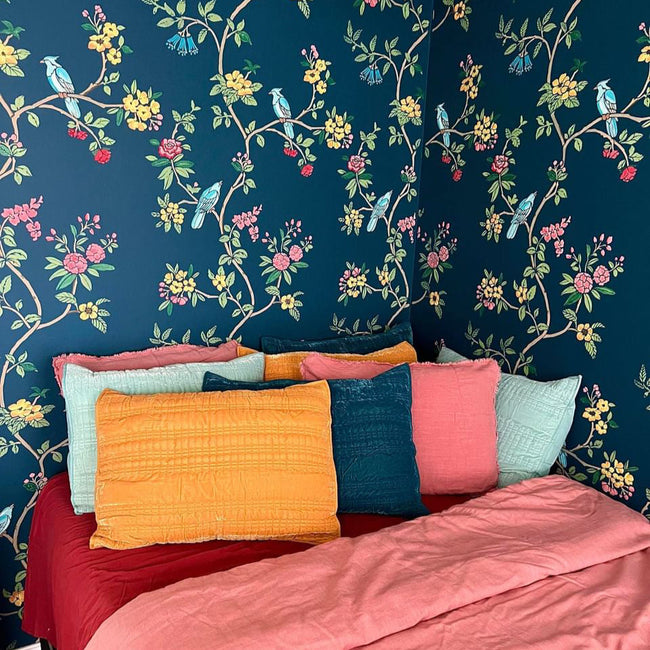 Colorful Chinoiserie Wall Stencil on Navy Blue