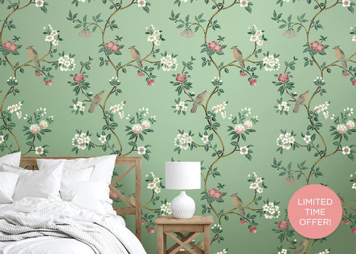 avian chinoiserie birds and flowers large wall stencil