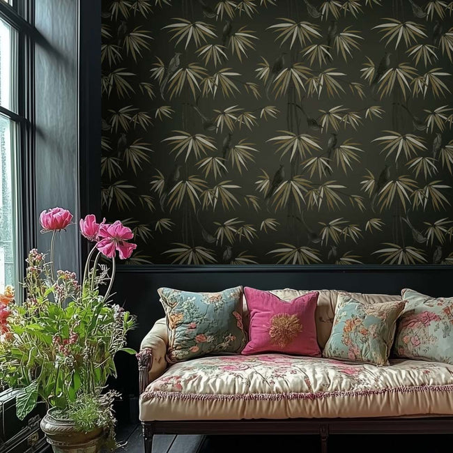 dark and moody bamboo chinoiserie stenciled accent wall