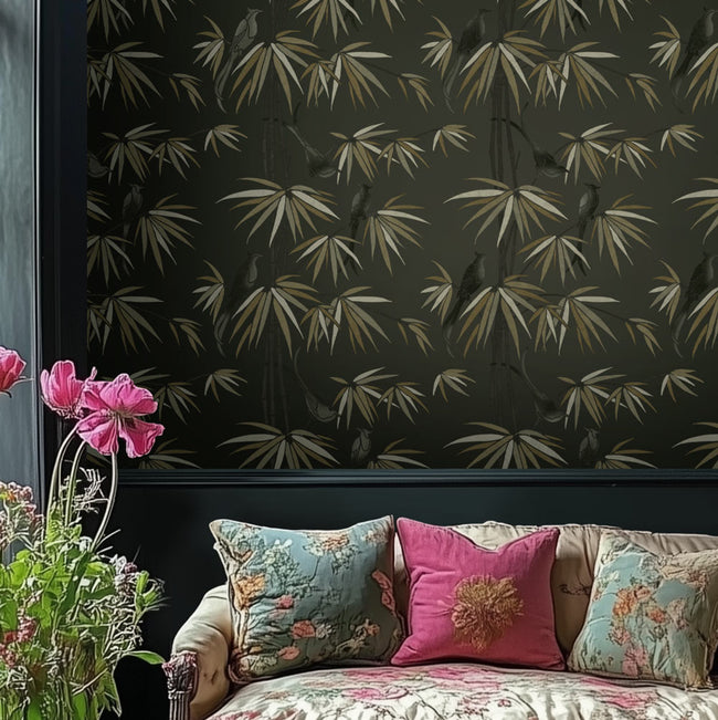 dark and moody bamboo chinoiserie stenciled accent wall