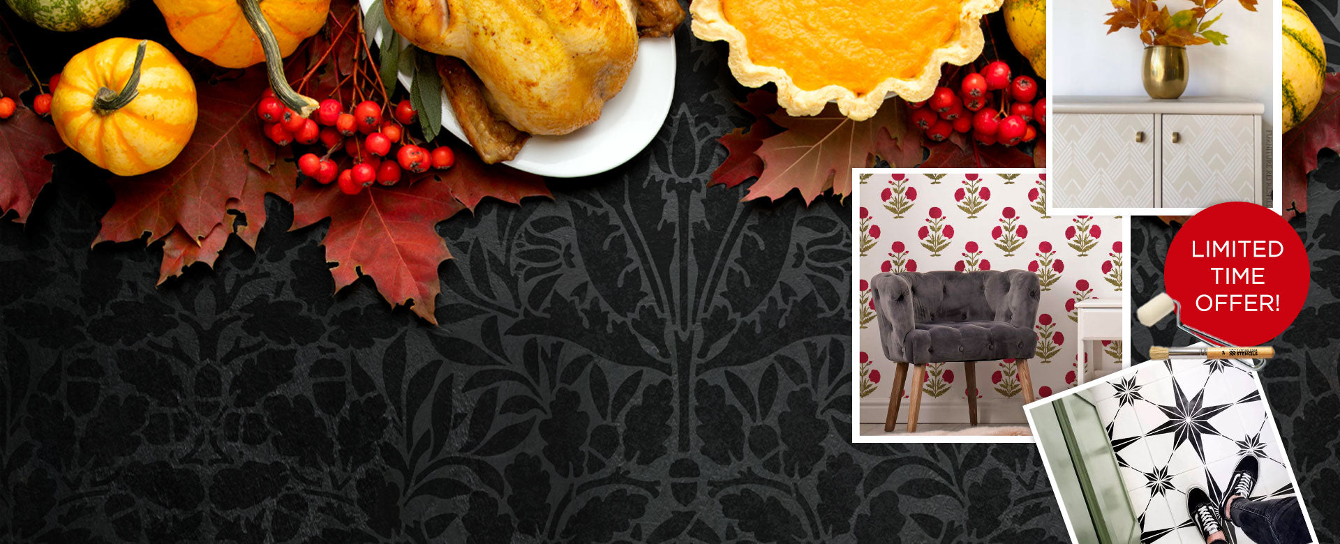 Top-down view of a table with pumpkins, pie, and berries on a black patterned background.