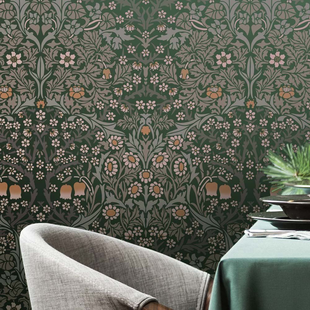 William Morris Blackthorn Vintage stencil pattern on a green wall