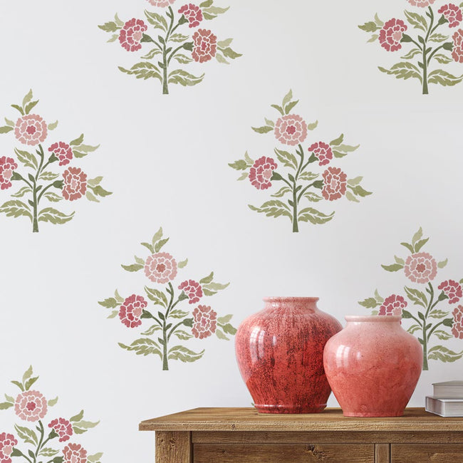 blockprint carnation stencil floral pattern on white walls